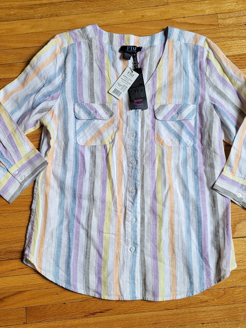 French Dressing Linen Blend Multistripe 3/4 Sleeve Button Front Shirt Medium